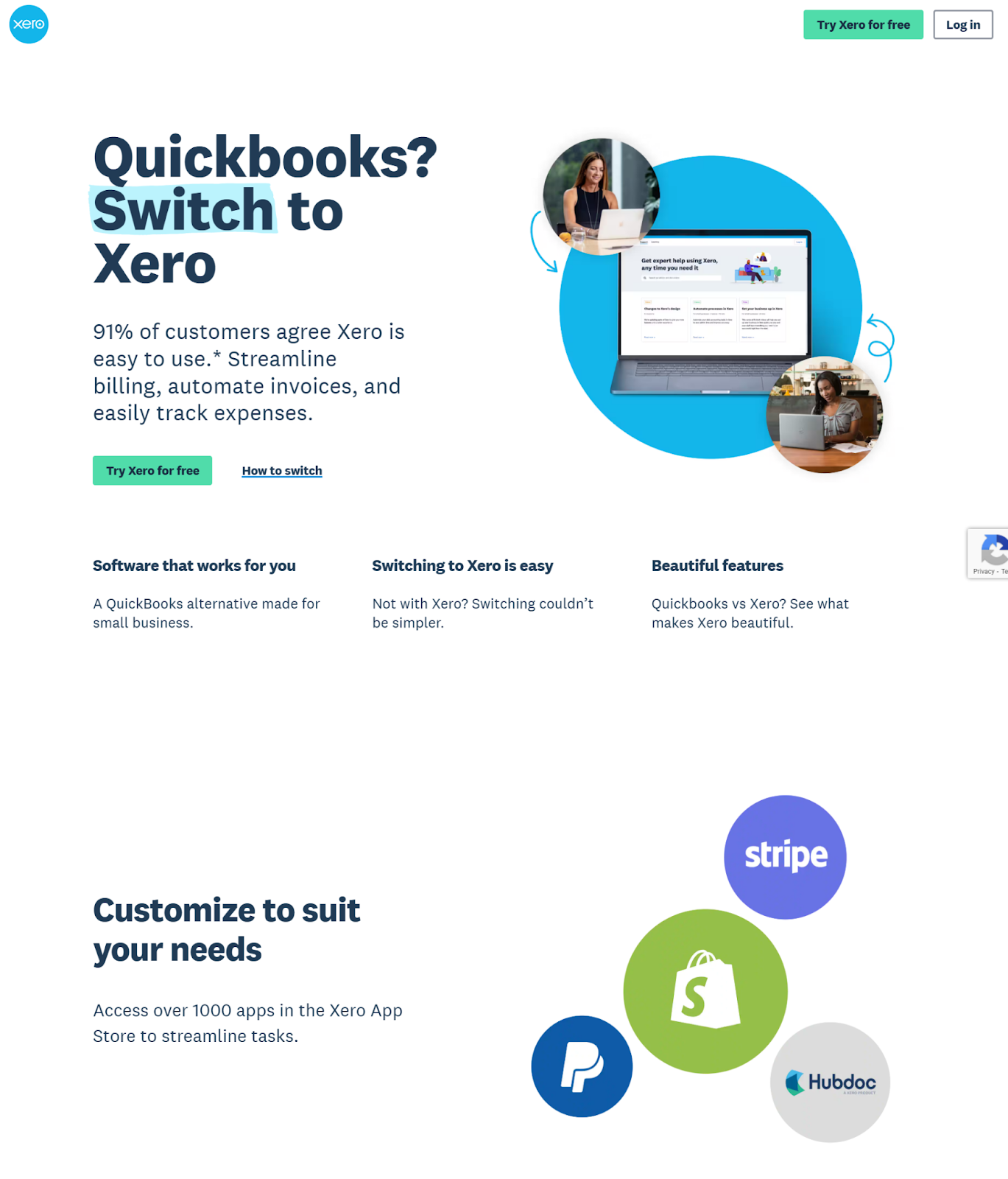 Xero landing page positioning as QuickBooks alternative with comparison features